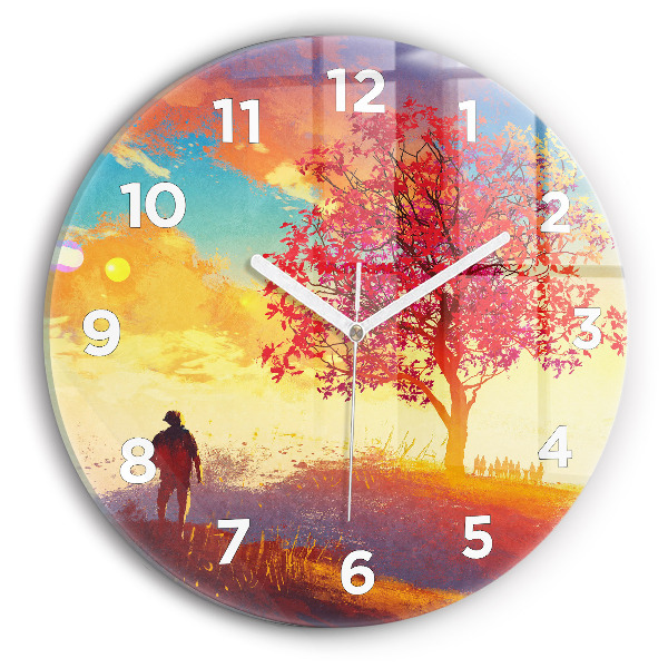 Round glass clock Autumn Landscape
