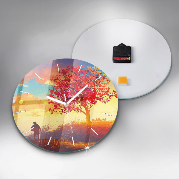 Round glass clock Autumn Landscape