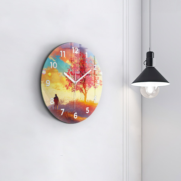 Round glass clock Autumn Landscape
