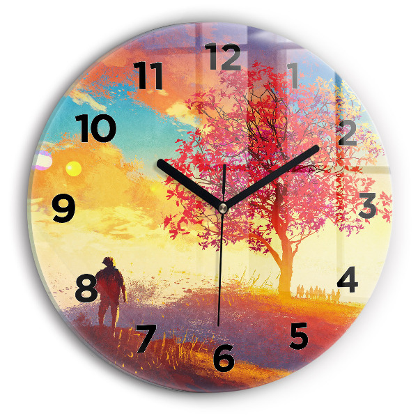 Round glass clock Autumn Landscape
