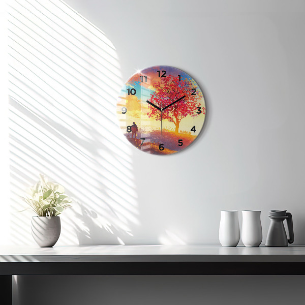Round glass clock Autumn Landscape