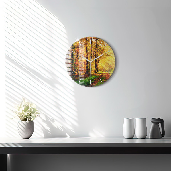 Round glass clock Autumn forest scenery