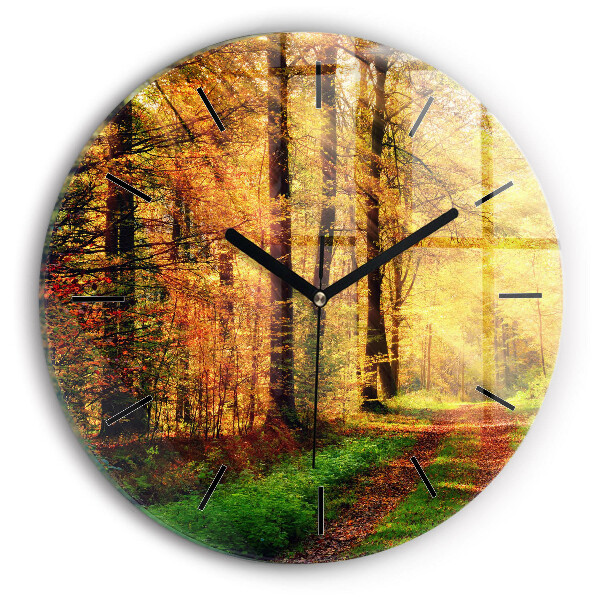 Round glass clock Autumn forest scenery