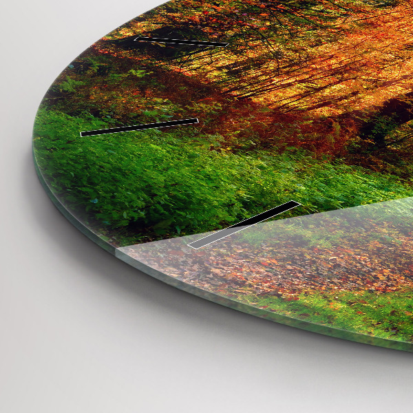 Round glass clock Autumn forest scenery