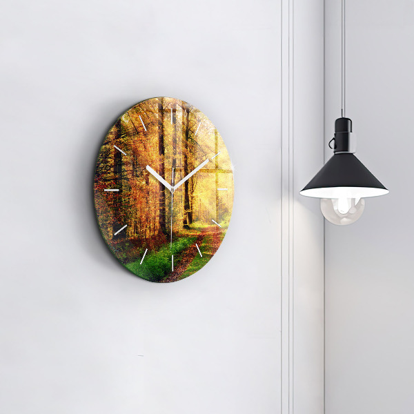 Round glass clock Autumn forest scenery