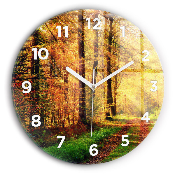 Round glass clock Autumn forest scenery