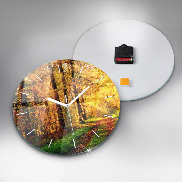 Round glass clock Autumn forest scenery