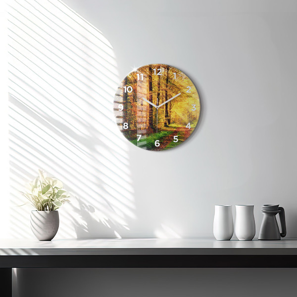 Round glass clock Autumn forest scenery