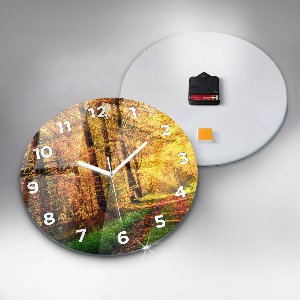 Round glass clock Autumn forest scenery