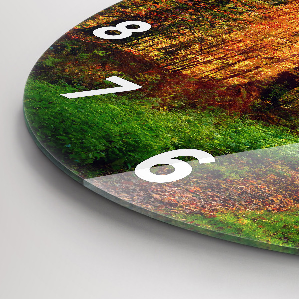 Round glass clock Autumn forest scenery