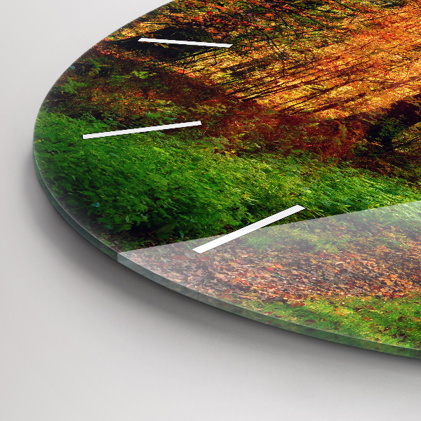 Round glass clock Autumn forest scenery
