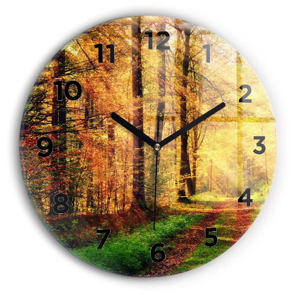Round glass clock Autumn forest scenery