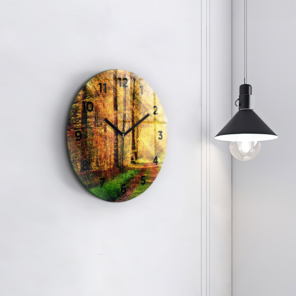Round glass clock Autumn forest scenery