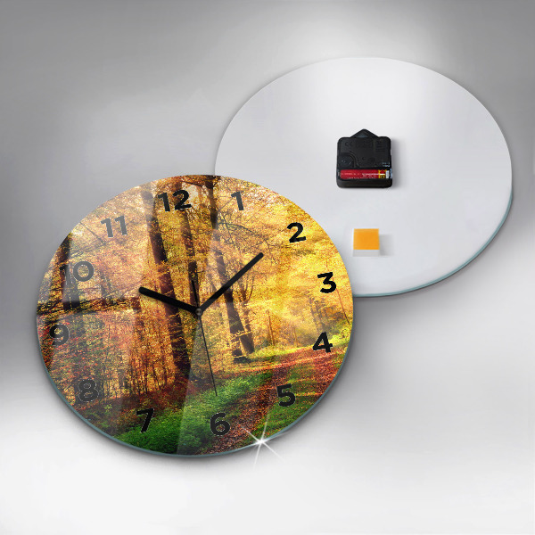 Round glass clock Autumn forest scenery