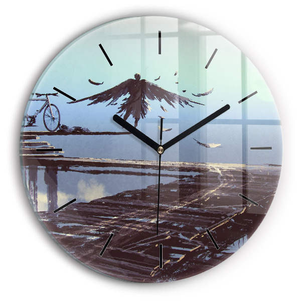 Round glass clock Angel, Bridge and Bicycle