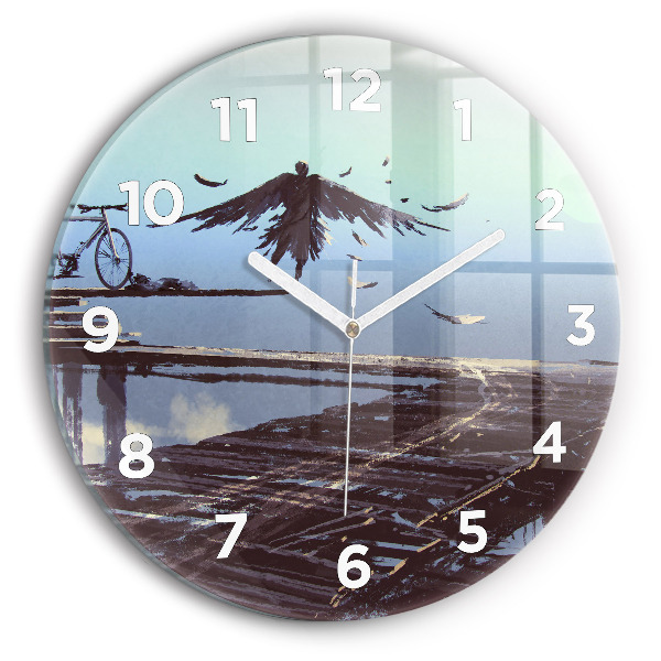 Round glass clock Angel, Bridge and Bicycle