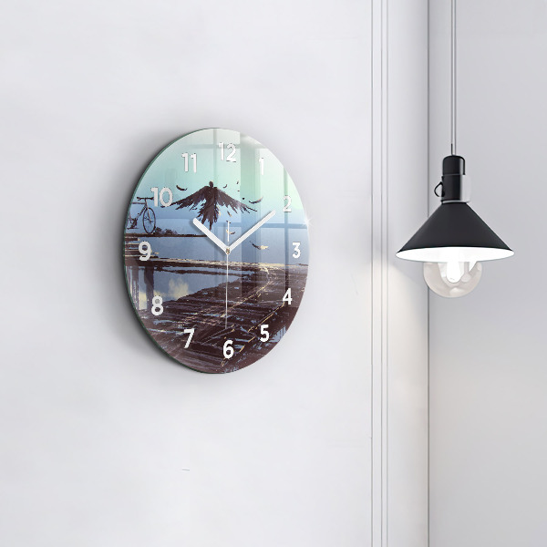 Round glass clock Angel, Bridge and Bicycle