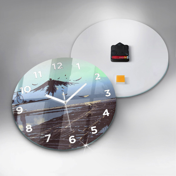 Round glass clock Angel, Bridge and Bicycle