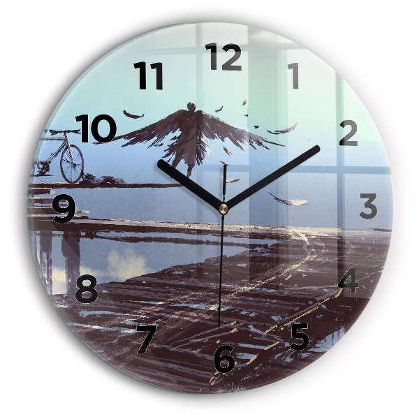 Round glass clock Angel, Bridge and Bicycle
