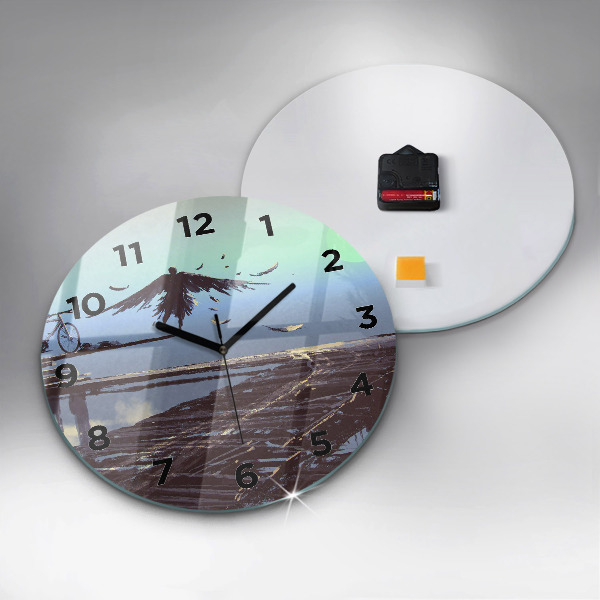 Round glass clock Angel, Bridge and Bicycle