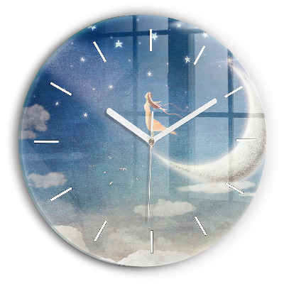 Round glass clock Girl on the moon