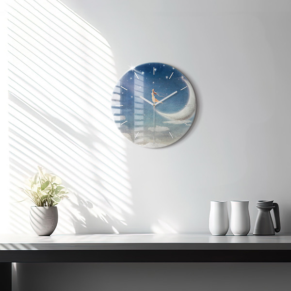 Round glass clock Girl on the moon