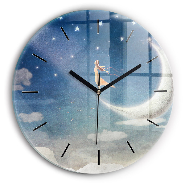 Round glass clock Girl on the moon