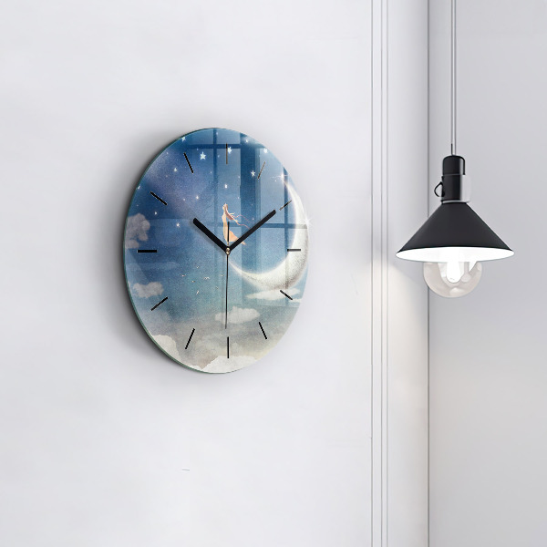 Round glass clock Girl on the moon