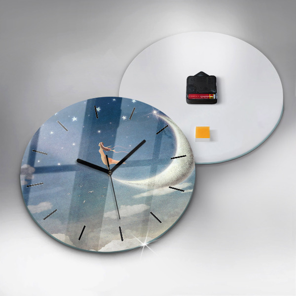 Round glass clock Girl on the moon