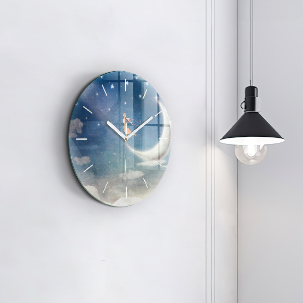 Round glass clock Girl on the moon