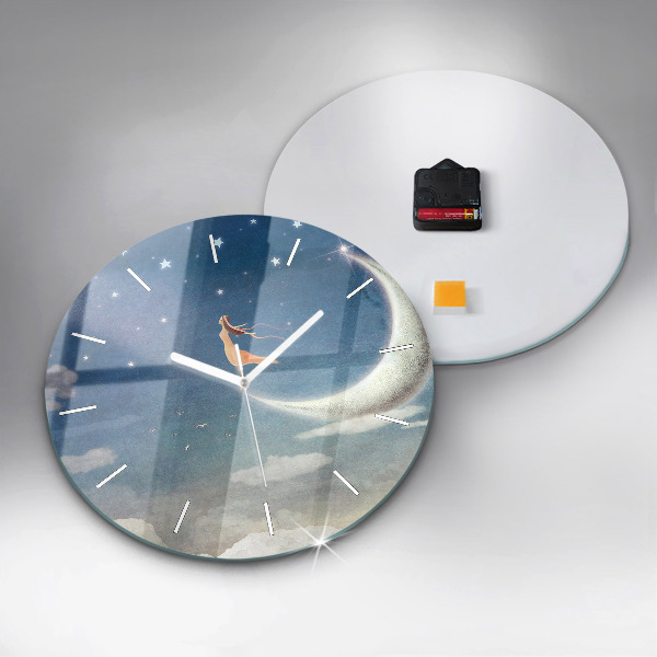 Round glass clock Girl on the moon