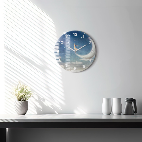 Round glass clock Girl on the moon