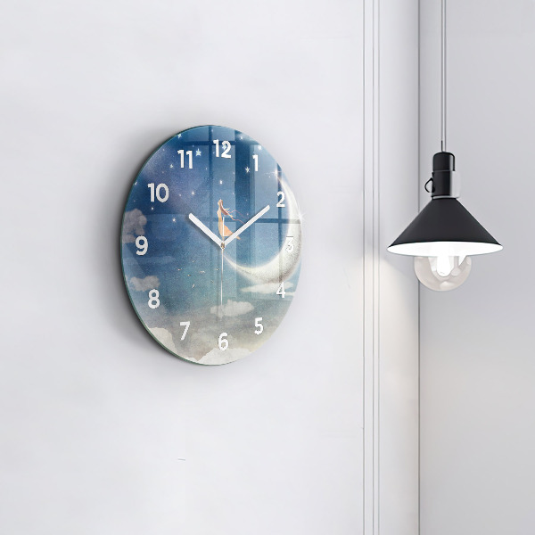 Round glass clock Girl on the moon