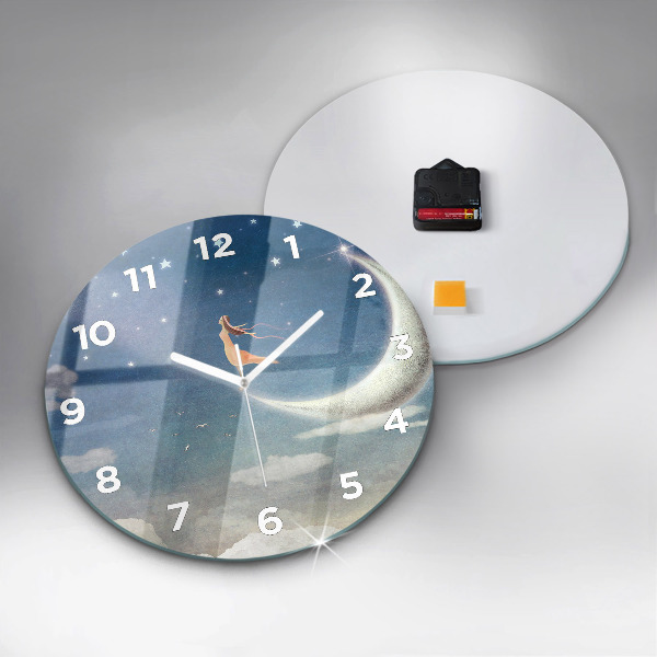 Round glass clock Girl on the moon