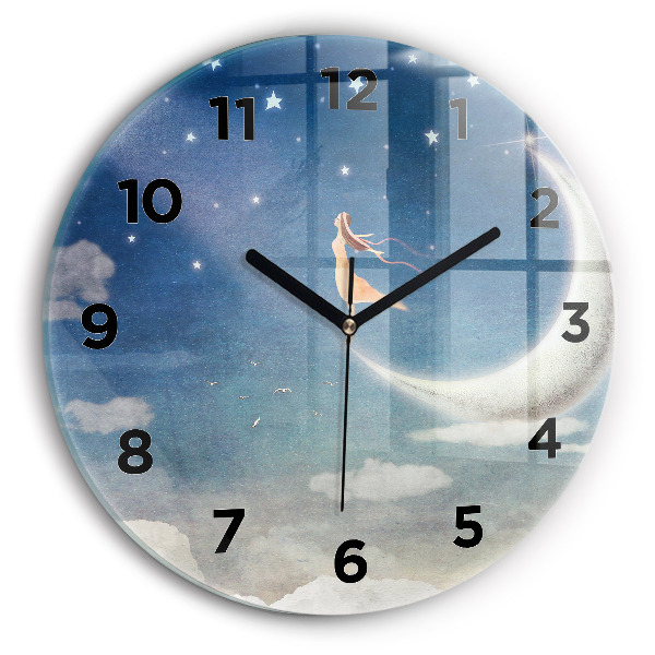 Round glass clock Girl on the moon