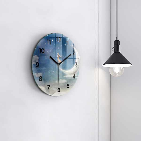 Round glass clock Girl on the moon