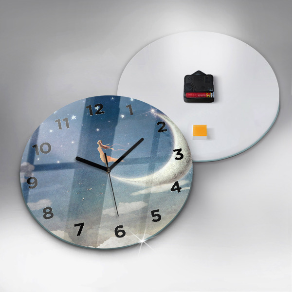 Round glass clock Girl on the moon