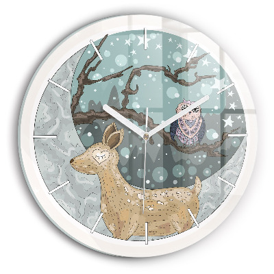Round glass clock Nocturnal Animals and the Moon