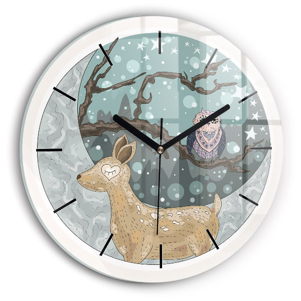 Round glass clock Nocturnal Animals and the Moon