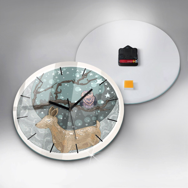 Round glass clock Nocturnal Animals and the Moon