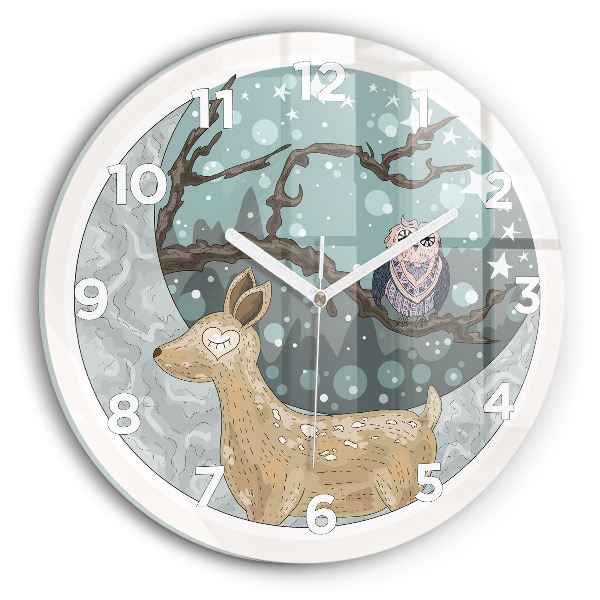 Round glass clock Nocturnal Animals and the Moon