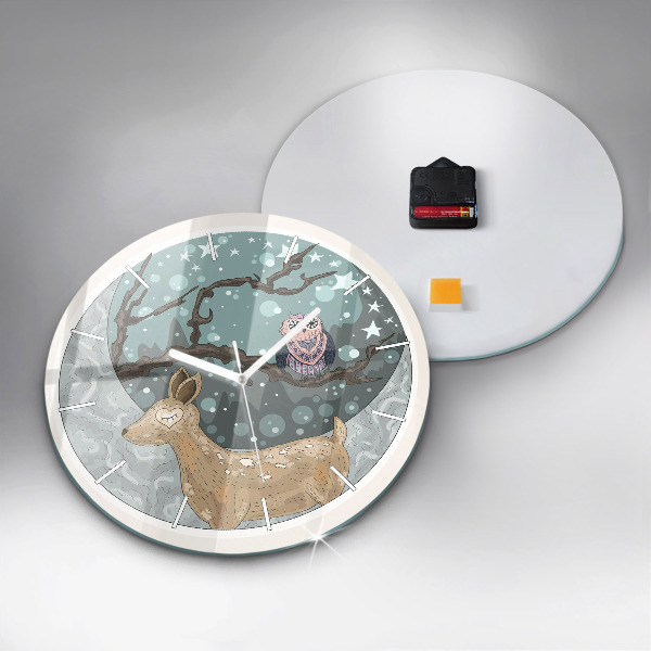 Round glass clock Nocturnal Animals and the Moon