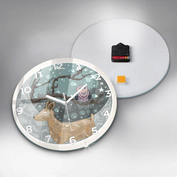 Round glass clock Nocturnal Animals and the Moon