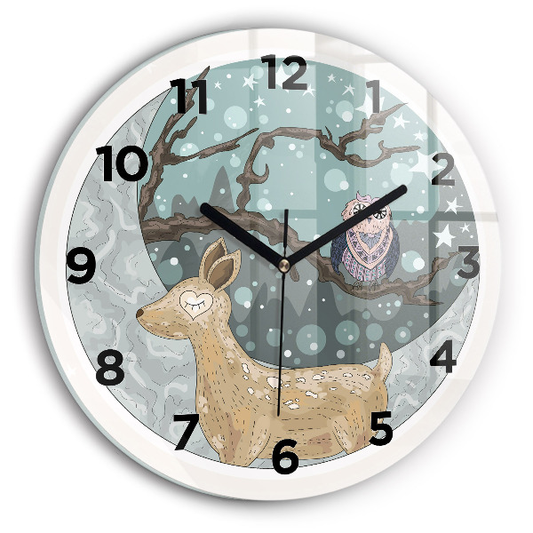 Round glass clock Nocturnal Animals and the Moon