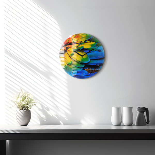 Round glass clock Colorful bird wings