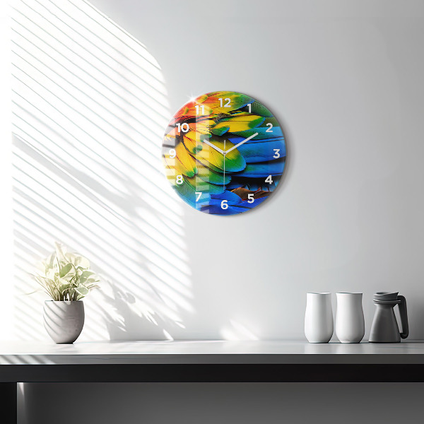 Round glass clock Colorful bird wings