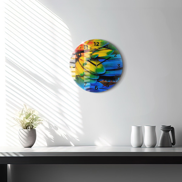 Round glass clock Colorful bird wings