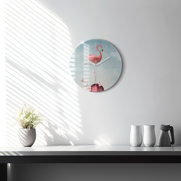 Round glass clock Surreal Flamingo
