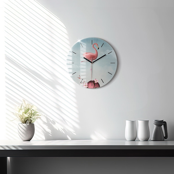 Round glass clock Surreal Flamingo