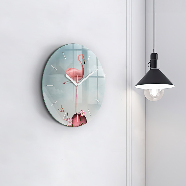 Round glass clock Surreal Flamingo